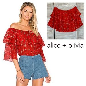 Alice + Olivia Meagan top Dainty Daisy red floral off-shoulder ruffle blouse XS